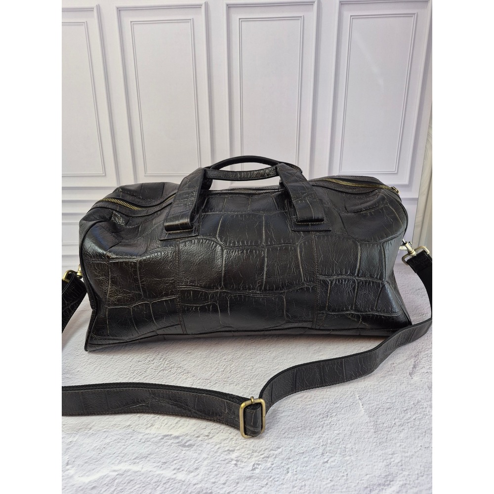 Barbarossa Leather Black Croc Embossed Duffel Weekender Bag Detachable Strap